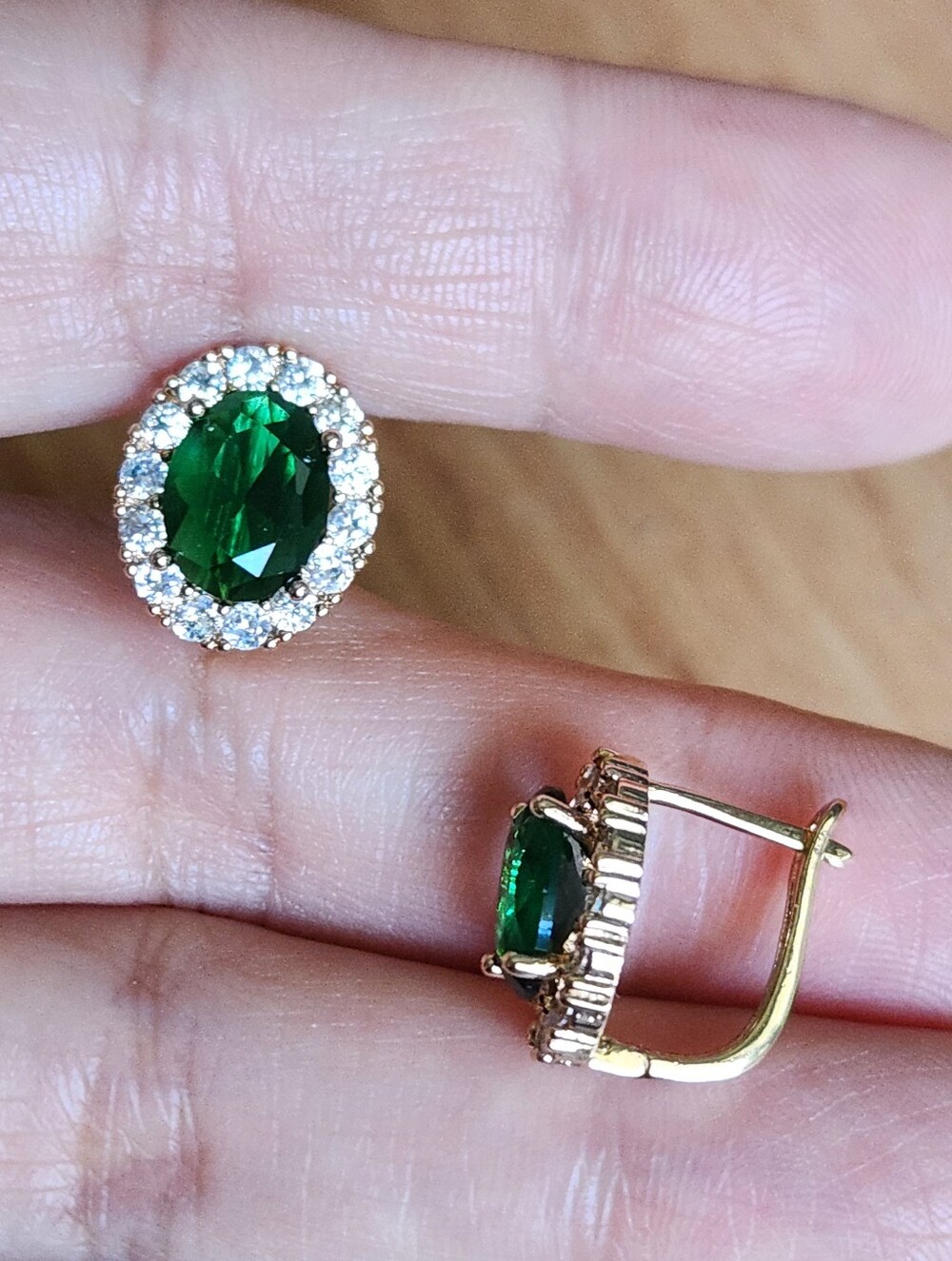 New 18K Gold Plated Oval Cut Emerald Diamond Hoop Earrings for Women